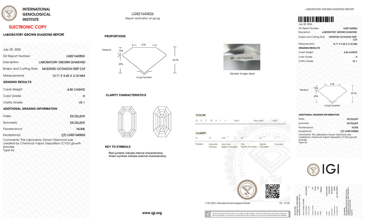 4.50ct | H/VS1 Octagon Shape Step Cut Lab Diamond (IGI)