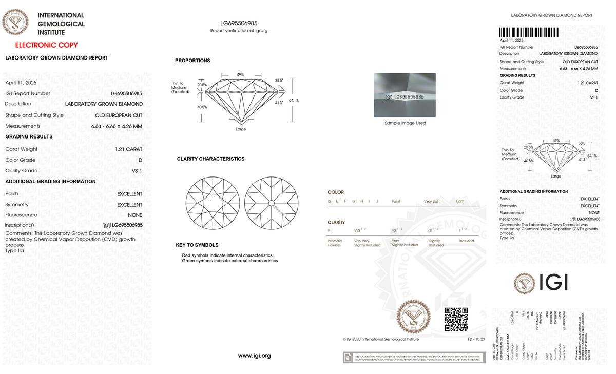 1.21ct | D/VS1 Round Shape Old European Cut Lab Diamond (IGI)