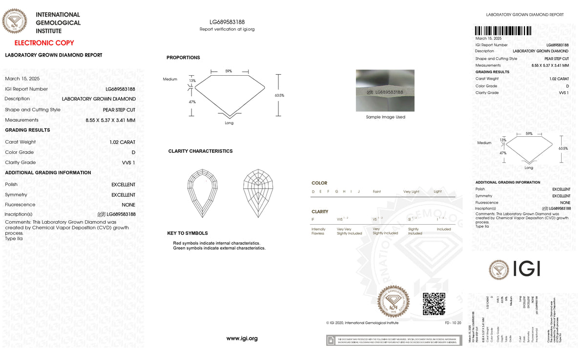 1.02ct | D/VVS1 Pear Shape Step Cut Lab Diamond (IGI)