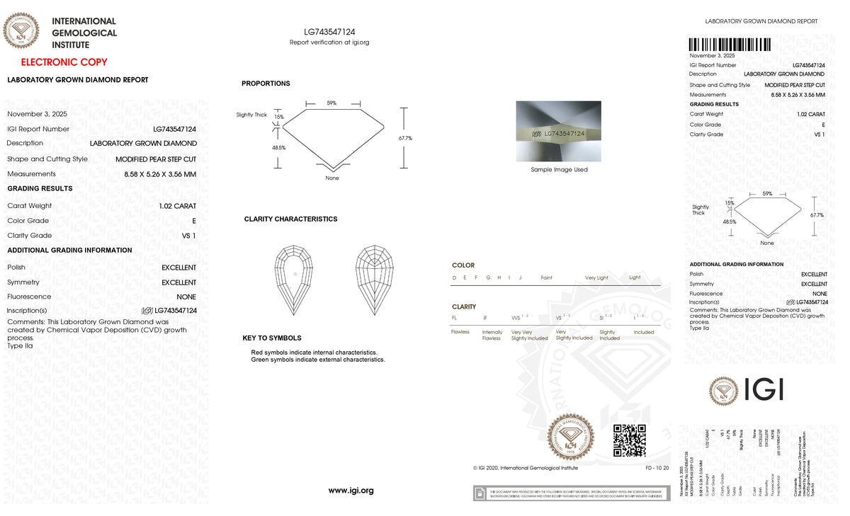 1.02ct | E/VS1 Pear Shape Step Cut Lab Diamond (IGI)