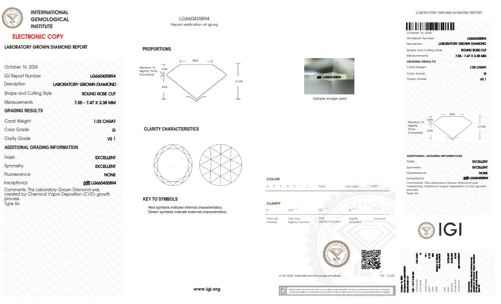 1.03ct | G/VS1 Round Shape Rose Cut Lab Diamond (IGI)