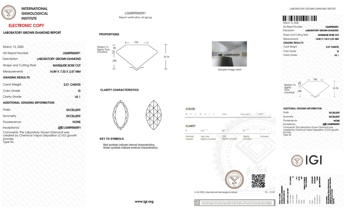 2.01ct | G/VS1  Marquise Shape Rose Cut Lab Diamond (IGI)