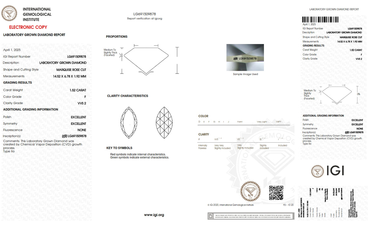 1.52ct | F/VVS2 Marquise Shape Rose Cut Lab Diamond (IGI)