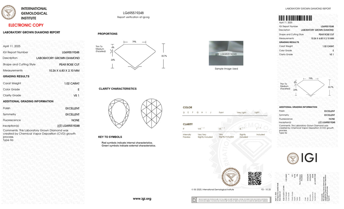 1.02ct | E/VS1 Pear Shape Rose Cut Lab Diamond (IGI)