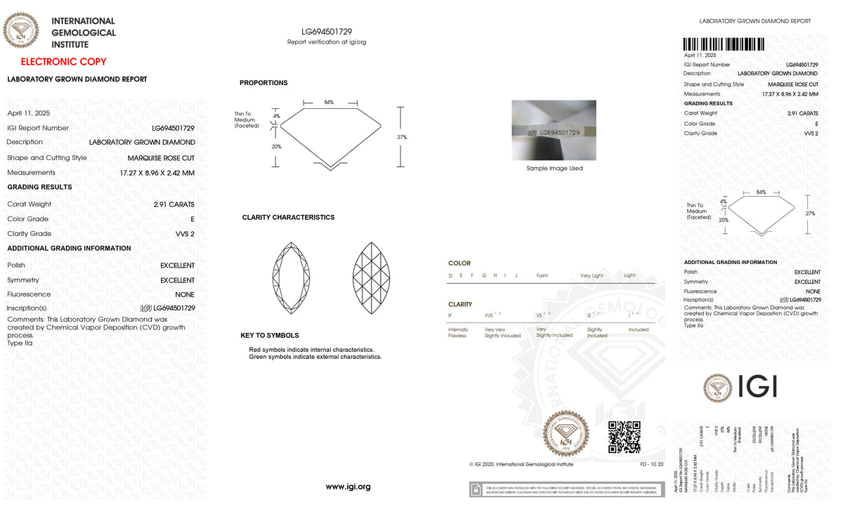 2.91ct | E/VVS2 Marquise Shape Rose Cut Lab Diamond (IGI)