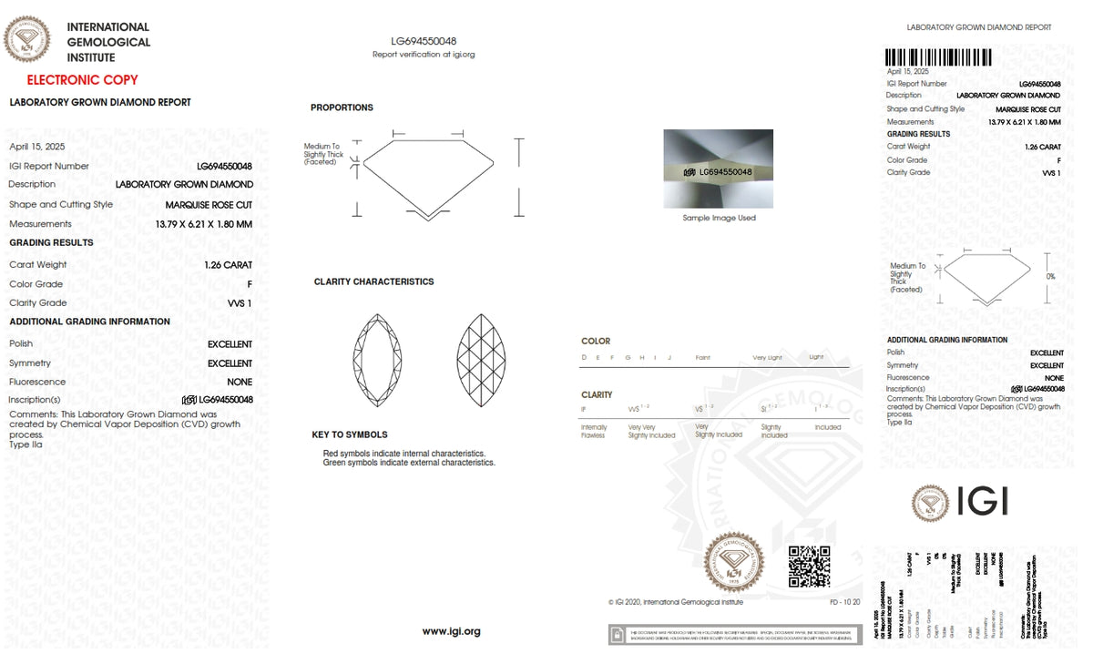 1.26ct | F/VVS1 Marquise Shape Rose Cut Lab Diamond (IGI)