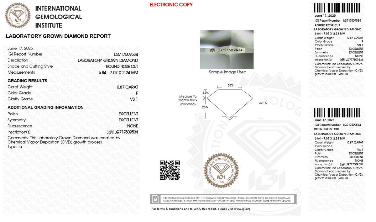 0.87ct | F/VS1 Round Shape Rose Cut Lab Diamond (IGI)