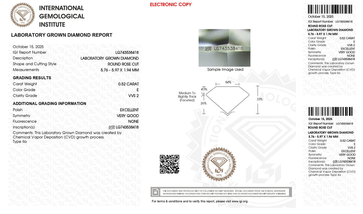 0.52ct | E/VVS2 Round Shape Rose Cut Lab Diamond (IGI)