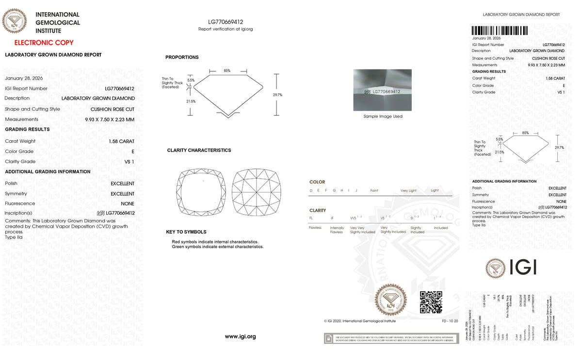 1.58ct | E/VS1 Cushion Shape Rose Cut Lab Diamond (IGI)